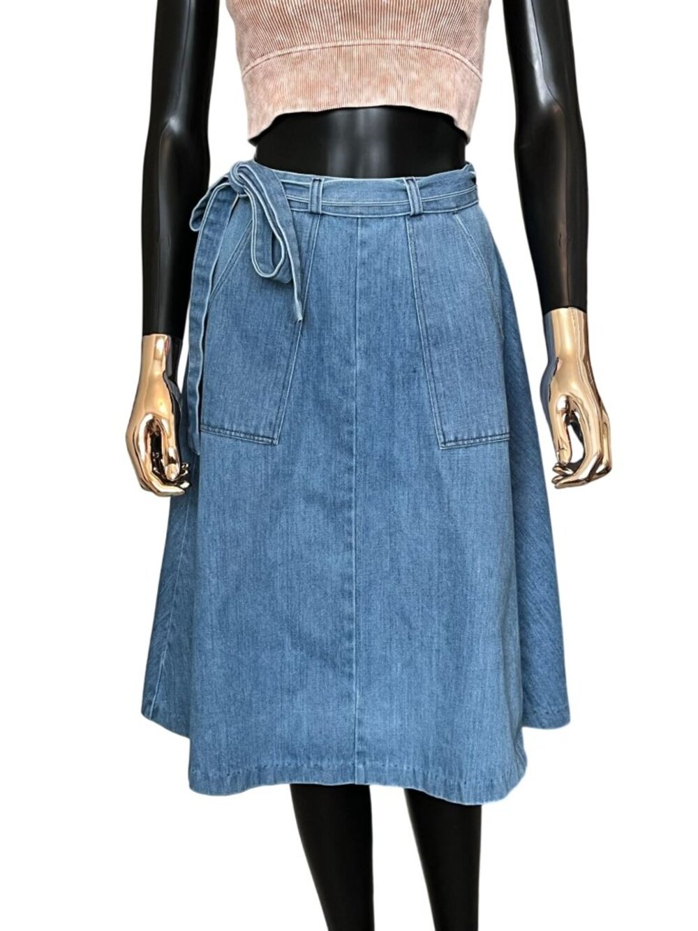 Wrangler Vintage Denim Wrap Skirt Size 5/6 Blue Tie Waist A-Line Midi Western